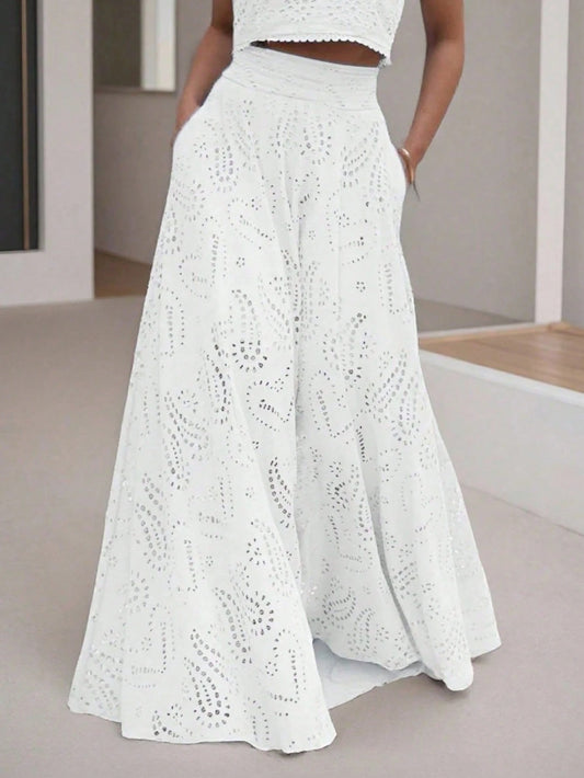 (1 Piece)Vintage Floral Hollow Out Full Embroidery A-Line Midi Skirt