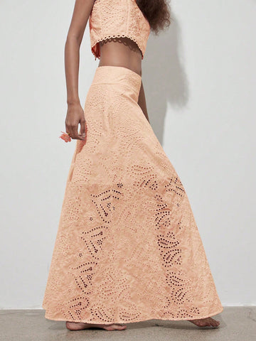 (1 Piece)Vintage Floral Hollow Out Full Embroidery A-Line Midi Skirt (1 Piece)Vintage Floral Hollow Out Full Embroidery A-Line Midi Skirt