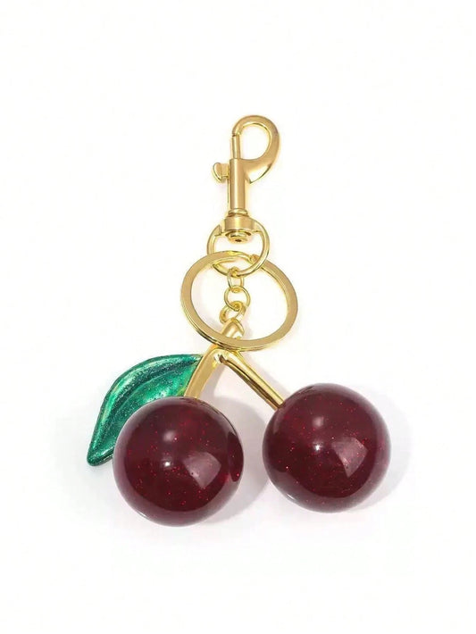 1pc Chic Cherry Keychain With Sparkling Resin Pendant