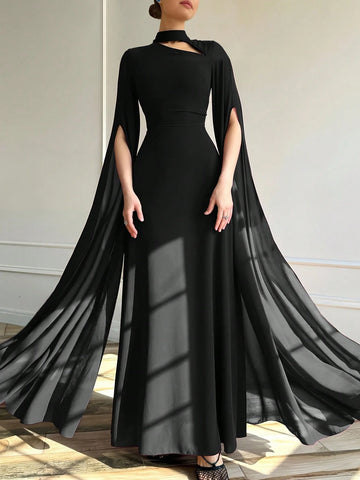 1pc Elegant Black Evening Long Dress With Cape Sleeve & Lace-Up Back 1pc Elegant Black Evening Long Dress With Cape Sleeve & Lace-Up Back