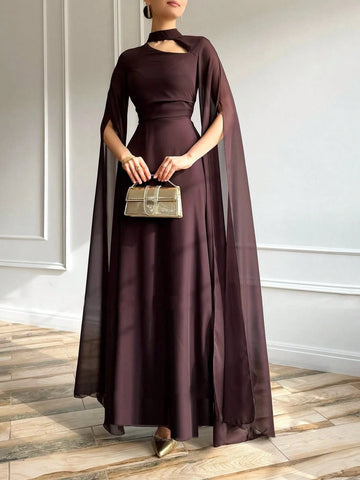 1pc Elegant Black Evening Long Dress With Cape Sleeve & Lace-Up Back 1pc Elegant Black Evening Long Dress With Cape Sleeve & Lace-Up Back