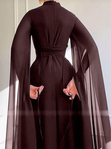 1pc Elegant Black Evening Long Dress With Cape Sleeve & Lace-Up Back 1pc Elegant Black Evening Long Dress With Cape Sleeve & Lace-Up Back