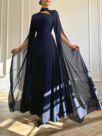 1pc Elegant Black Evening Long Dress With Cape Sleeve & Lace-Up Back 1pc Elegant Black Evening Long Dress With Cape Sleeve & Lace-Up Back