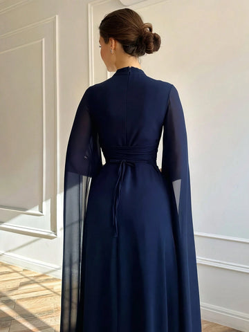 1pc Elegant Black Evening Long Dress With Cape Sleeve & Lace-Up Back 1pc Elegant Black Evening Long Dress With Cape Sleeve & Lace-Up Back