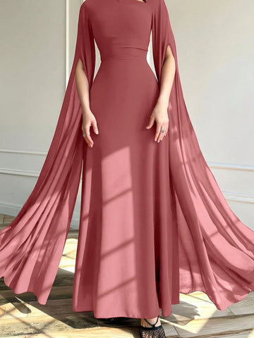 1pc Elegant Black Evening Long Dress With Cape Sleeve & Lace-Up Back 1pc Elegant Black Evening Long Dress With Cape Sleeve & Lace-Up Back