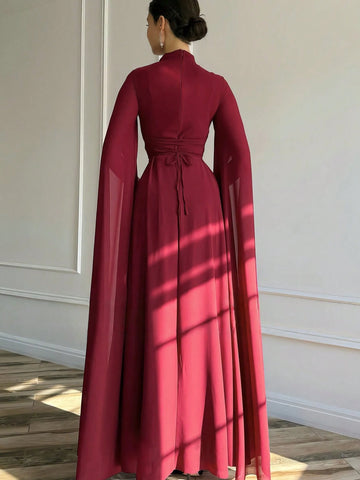 1pc Elegant Black Evening Long Dress With Cape Sleeve & Lace-Up Back 1pc Elegant Black Evening Long Dress With Cape Sleeve & Lace-Up Back