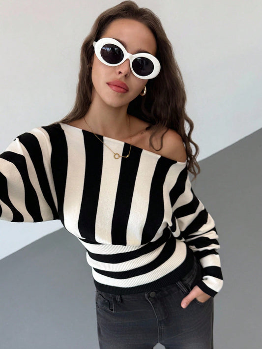 Aloruh Asymmetric Shoulder Striped Batwing Sleeve Cinched Waist Tight Sweater