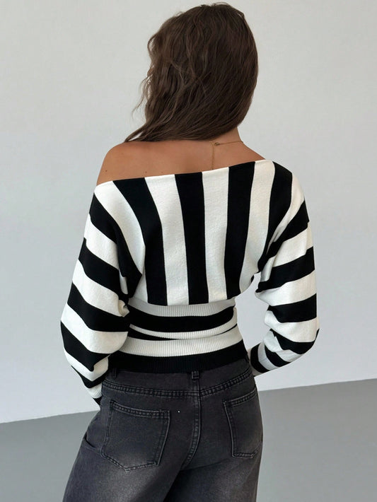 Aloruh Asymmetric Shoulder Striped Batwing Sleeve Cinched Waist Tight Sweater