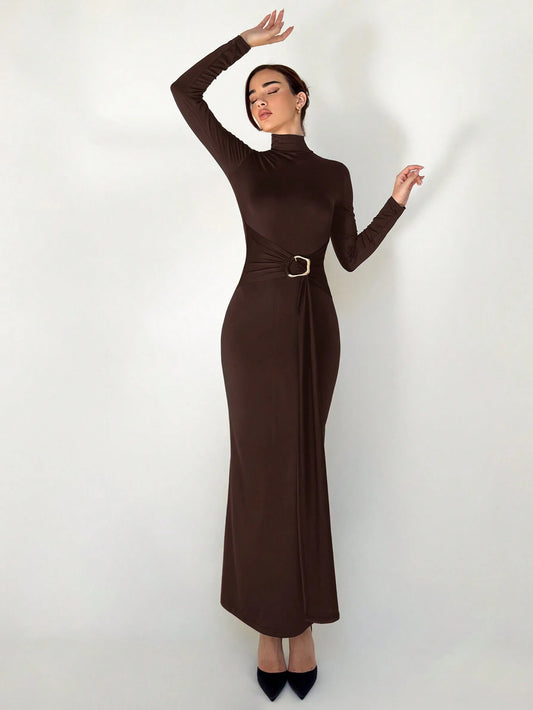 Slim Fit Warm Stand Collar Long Sleeve Cinched Waist Extra-Long Versatile Knit Dress