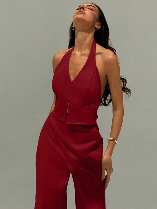 Aloruh Deep V Backless Camisole And Wide Leg Pants Suit