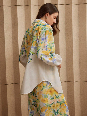 Anewsta 2pcs Floral Printed Ladies' Shirt And Pants Set Anewsta 2pcs Floral Printed Ladies' Shirt And Pants Set