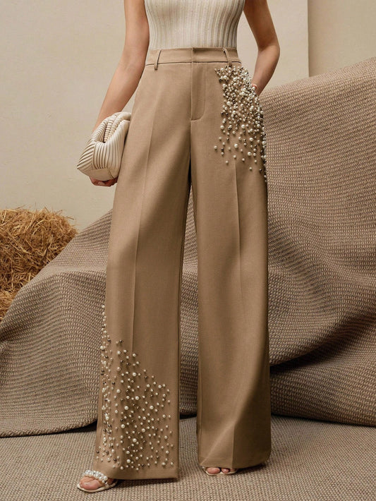Modern Fashion Pearl Embellished Pocketed Women's Elegant Press Crease Pants