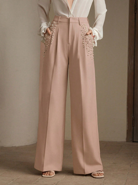 Women Pearl Ornament Suit Pants