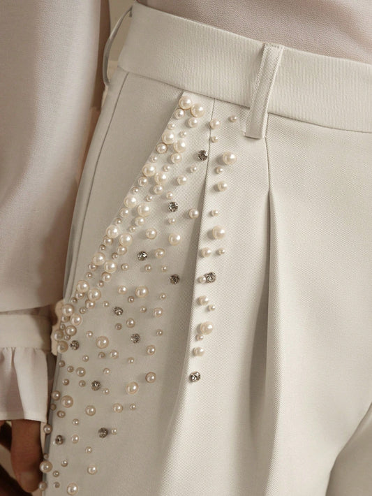 Women Pearl Ornament Suit Pants