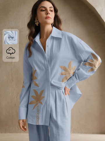 Anewsta Ladies' Woven Craft Embroidered Apricot Long Sleeved Shirt Anewsta Ladies' Woven Craft Embroidered Apricot Long Sleeved Shirt