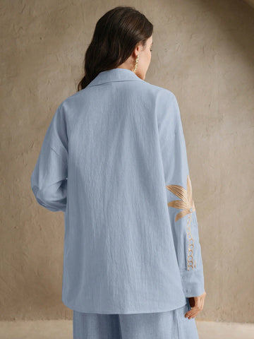 Anewsta Ladies' Woven Craft Embroidered Apricot Long Sleeved Shirt Anewsta Ladies' Woven Craft Embroidered Apricot Long Sleeved Shirt