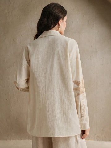 Anewsta Ladies' Woven Craft Embroidered Apricot Long Sleeved Shirt Anewsta Ladies' Woven Craft Embroidered Apricot Long Sleeved Shirt