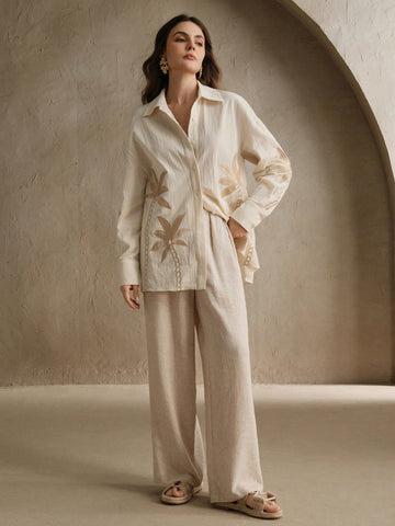 Anewsta Ladies' Woven Craft Embroidered Apricot Long Sleeved Shirt Anewsta Ladies' Woven Craft Embroidered Apricot Long Sleeved Shirt