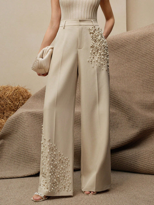 Modern Fashion Pearl Embellished Pocketed Women's Elegant Press Crease Pants