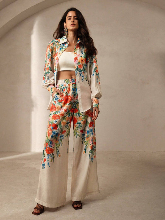 Anewsta 2pcs Floral Printed Ladies' Shirt And Pants Set