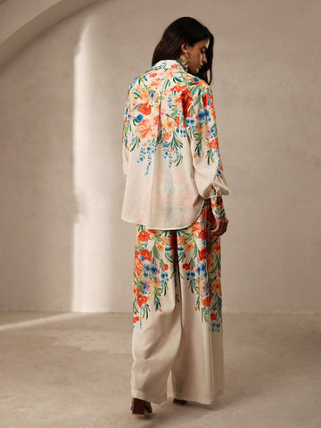 Anewsta 2pcs Floral Printed Ladies' Shirt And Pants Set Anewsta 2pcs Floral Printed Ladies' Shirt And Pants Set