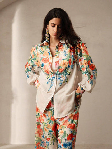 Anewsta 2pcs Floral Printed Ladies' Shirt And Pants Set Anewsta 2pcs Floral Printed Ladies' Shirt And Pants Set