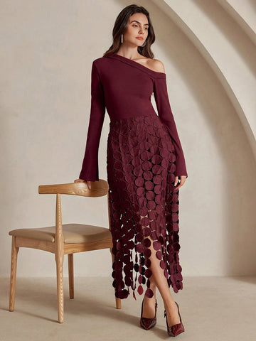 Sexy Slim-Fit High Waist Slash Shoulder Long Sleeve Drapey Hollow Out Tassel Mini Dress Sexy Slim-Fit High Waist Slash Shoulder Long Sleeve Drapey Hollow Out Tassel Mini Dress