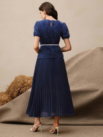 Women's Elegant Date Short Sleeve Pleated Puff Sleeve Embellished Floral Long Dress Women's Elegant Date Short Sleeve Pleated Puff Sleeve Embellished Floral Long Dress