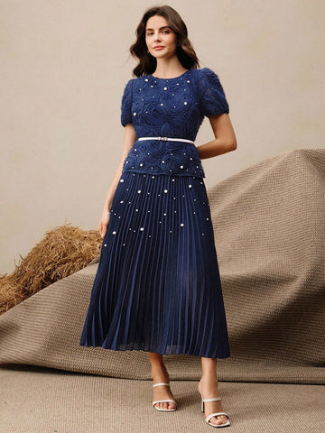 Women's Elegant Date Short Sleeve Pleated Puff Sleeve Embellished Floral Long Dress Women's Elegant Date Short Sleeve Pleated Puff Sleeve Embellished Floral Long Dress