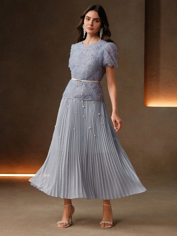 Women's Elegant Date Short Sleeve Pleated Puff Sleeve Embellished Floral Long Dress Women's Elegant Date Short Sleeve Pleated Puff Sleeve Embellished Floral Long Dress