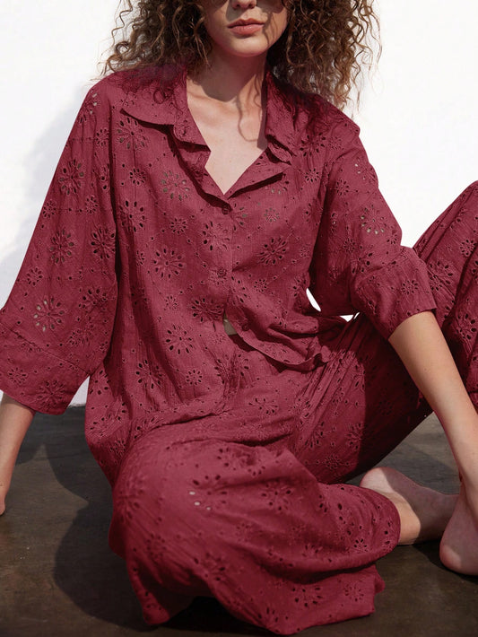 French Elegant Hollow Embroidery, Lapel Button Casual Design Loose Shirt, Elastic Waist Straight Leg Embroidered Pant