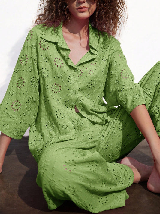 French Elegant Hollow Embroidery, Lapel Button Casual Design Loose Shirt, Elastic Waist Straight Leg Embroidered Pant