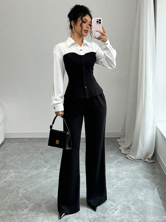 Slim Fit Color-Blocking Blouse And Pants