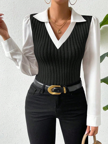 Women's Faux Two-Piece Collared Long Sleeve Fitted Blouse Women's Faux Two-Piece Collared Long Sleeve Fitted Blouse