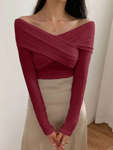 DAZY Solid Off Shoulder Cross Wrap Tee DAZY Solid Off Shoulder Cross Wrap Tee