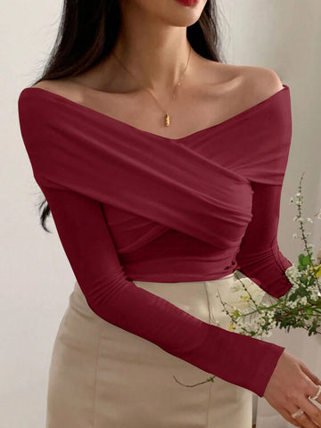 DAZY Solid Off Shoulder Cross Wrap Tee DAZY Solid Off Shoulder Cross Wrap Tee