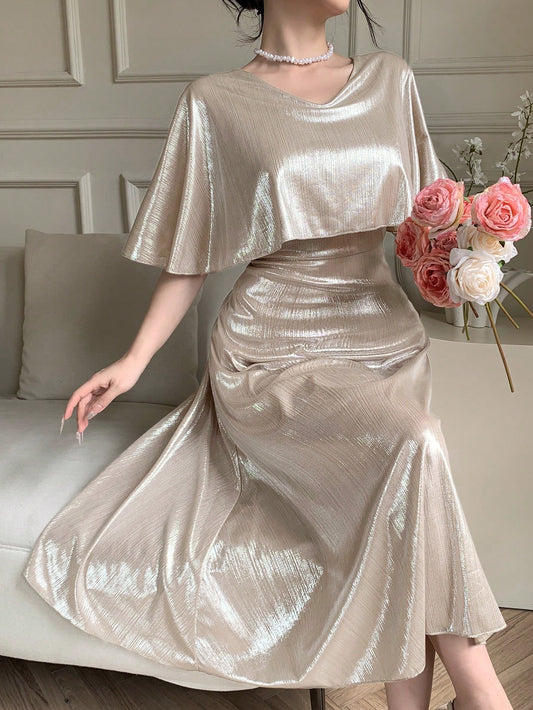 DAZY Elegant Solid Color V-Neck Mid-Length Dress