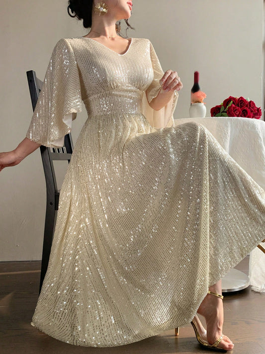 DAZY Mid-Length V-Neck Ruffle Sleeve Sequin Dress