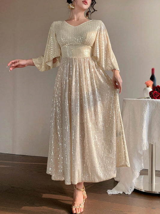 DAZY Mid-Length V-Neck Ruffle Sleeve Sequin Dress