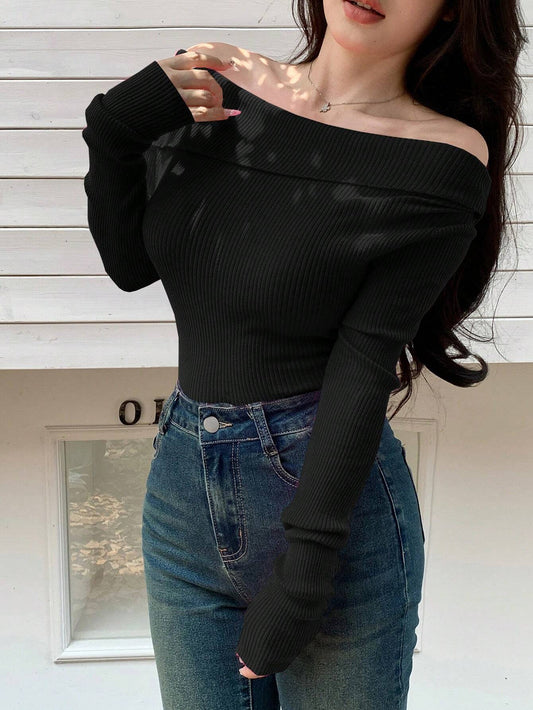 DAZY Off Shoulder Fitted Knit Top