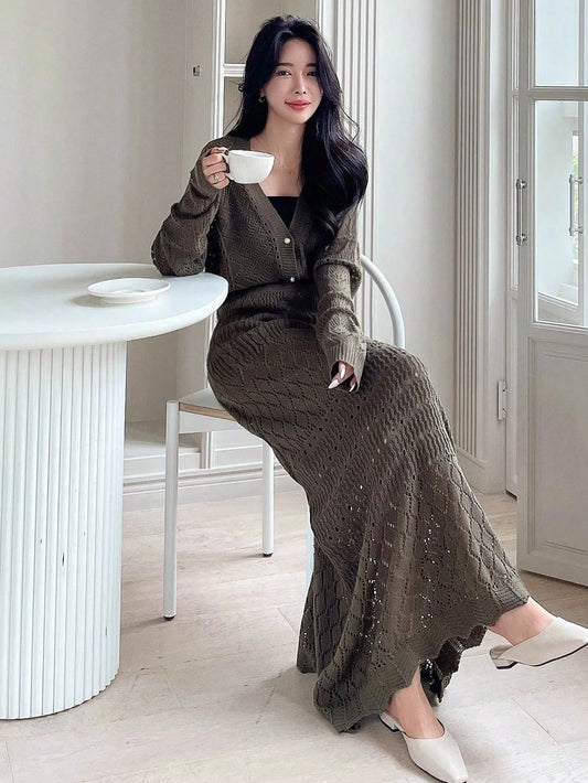 DAZY Pointelle Knit Drop Shoulder Cardigan & Knit Skirt