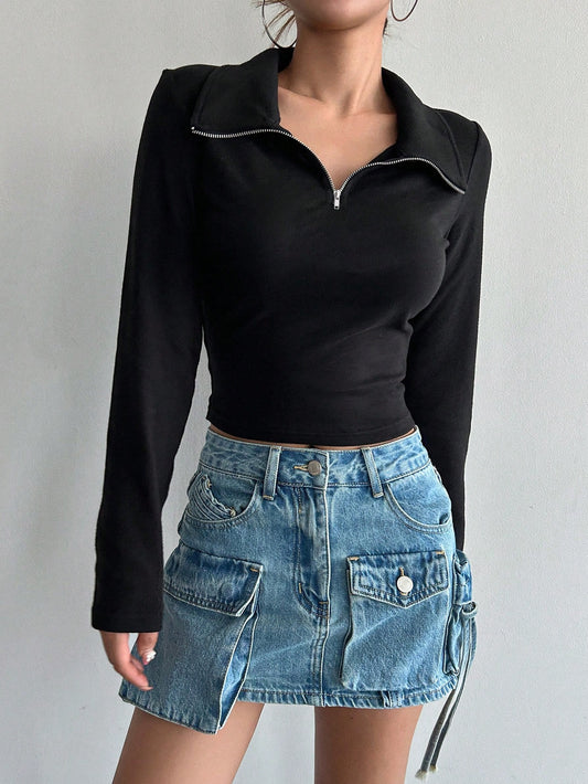 DAZY Solid Half Zip Crop Tee