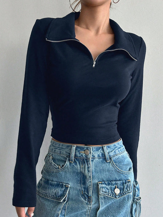 DAZY Solid Half Zip Crop Tee