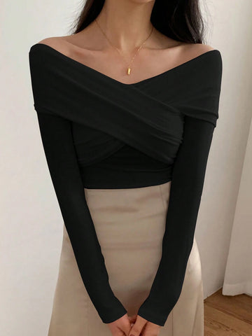 DAZY Solid Off Shoulder Cross Wrap Tee DAZY Solid Off Shoulder Cross Wrap Tee