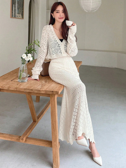 DAZY Pointelle Knit Drop Shoulder Cardigan & Knit Skirt