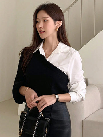 DAZY Women's Contrast Color Patchwork Shirt-Style Top DAZY Women's Contrast Color Patchwork Shirt-Style Top