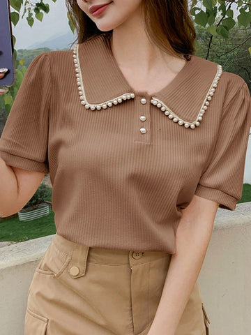 DAZY Women's Faux Pearl Edge POLO Collar Short Sleeve Casual T-Shirt DAZY Women's Faux Pearl Edge POLO Collar Short Sleeve Casual T-Shirt