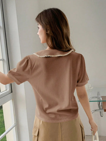 DAZY Women's Faux Pearl Edge POLO Collar Short Sleeve Casual T-Shirt DAZY Women's Faux Pearl Edge POLO Collar Short Sleeve Casual T-Shirt