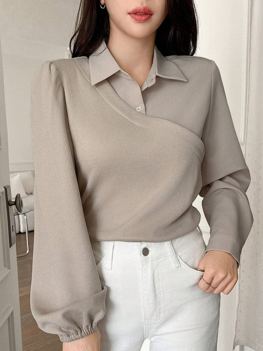 DAZY Women's Contrast Color Patchwork Shirt-Style Top