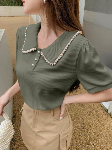 DAZY Women's Faux Pearl Edge POLO Collar Short Sleeve Casual T-Shirt DAZY Women's Faux Pearl Edge POLO Collar Short Sleeve Casual T-Shirt